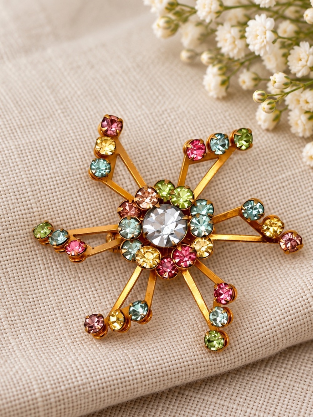 Vintage Multi-Color Rhinestone Starburst Brooch
